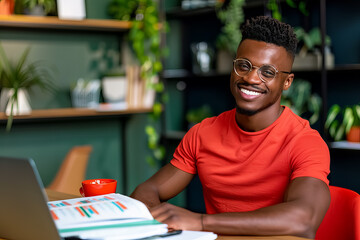 A young man in a red shirt is sitting at a desk with a laptop