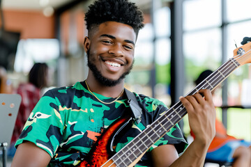 Naklejka premium A young man with a guitar is smiling and holding the instrument