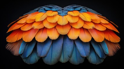 Obraz premium Symmetrical vibrant orange and blue parrot feathers on black background.
