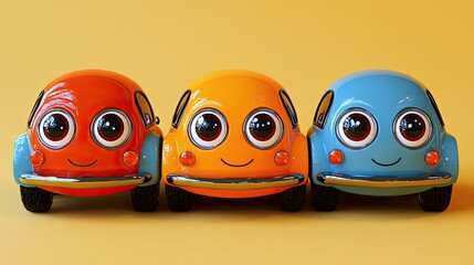 Obraz premium Three cute cartoon toy cars in a row.