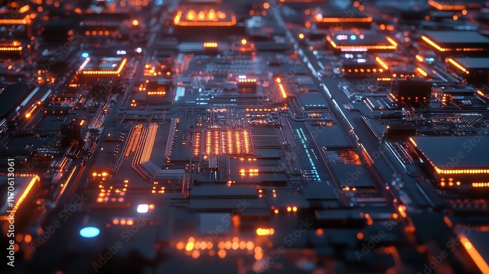 Aufkleber abstract circuit board digital art orange glow technology background 3d data dark lines light design
