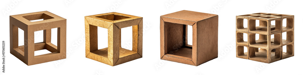 Poster four unique small box-shaped structures with simp design and stitched textures for creative projects