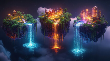 A series of floating isometric islands representing ecosystems: one with lush forests, another with cascading waterfalls, and a third with glowing urban lights