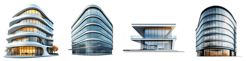 Obraz premium Modern Streamlined Office Building Designs with Unique Cut Out Features in a Contemporary Style