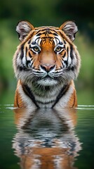 Fototapeta premium A majestic tiger emerging from water, showcasing its striking features and reflection.