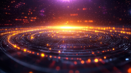 Abstract futuristic glowing circular digital data flow.