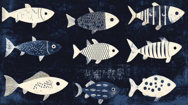 Hand-drawn blue and white fish design in Scandinavian Folk Art style with thick lines and minimalistic shapes, set against a distressed navy background for a boho, vintage vibe, perfect for wall decor