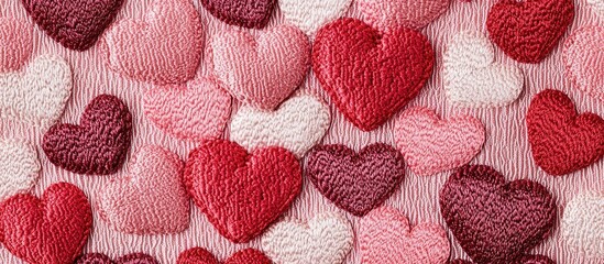 Many embroidered hearts in red, pink, and white shades.