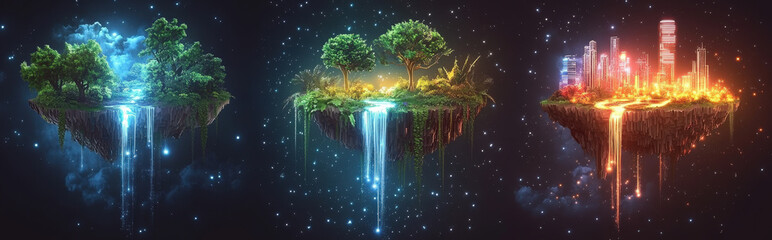 A series of floating isometric islands representing ecosystems: one with lush forests, another with cascading waterfalls, and a third with glowing urban lights