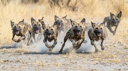 Naklejka premium A pack of wild dogs running energetically across a dusty landscape.