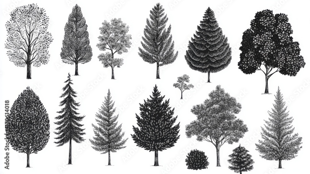 Poster 64.a neatly arranged vector illustration of multiple tree types isolated on white, including conifer