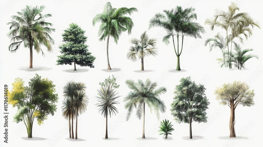 Poster 64.a neatly arranged vector illustration of multiple tree types isolated on white, including conifer