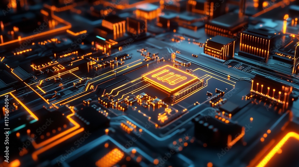 Aufkleber abstract digital circuit board technology background orange glow 3d data chip neon lines power