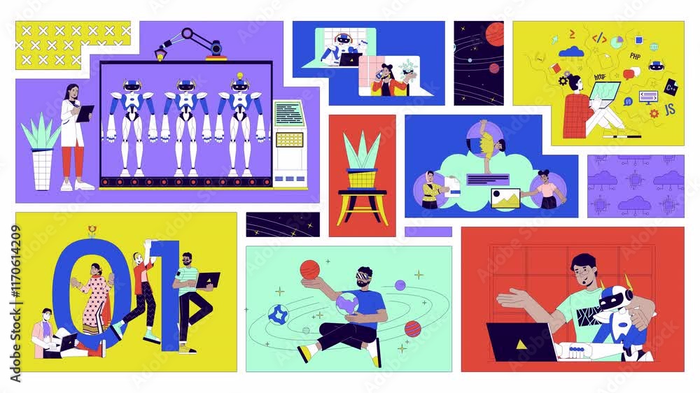 Poster software developers animated bento grid layout. robotics manufacturing, coding. diverse programmers 