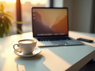 Morning coffee on a stylish desk with a laptop and soft sunlight creating a warm atmosphere
