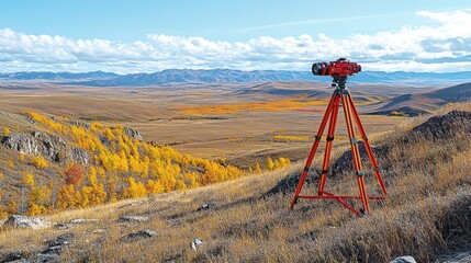 Naklejka premium Surveying equipment on autumn hilltop overlooking vast valley.
