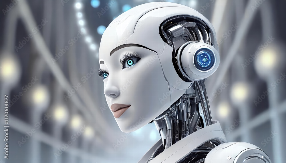 Poster futuristic female robot face a stunning representation of artificial intelligence, merging technolog