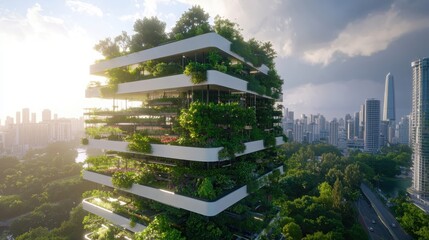 Urban agriculture innovation vertical farm design cityscape architectural concept eco-friendly environment aerial view space-efficient farming solutions