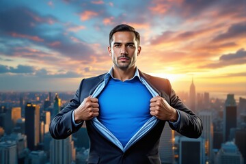 A man in a business suit opens his shirt to reveal a blue superhero outfit. The dramatic sunset and cityscape background symbolize heroism and transformation. Ai generative