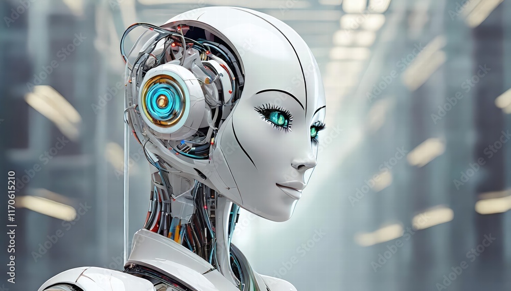 Poster futuristic female robot face a cuttingedge representation of artificial intelligence and robotics, b