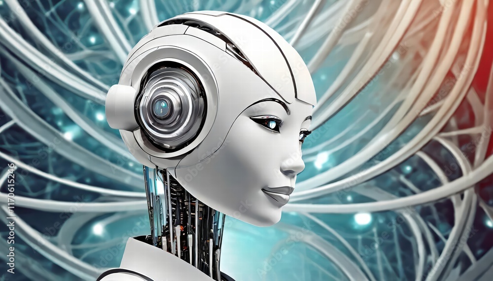 Poster futuristic female robot face showcasing advanced artificial intelligence concepts and humanlike feat