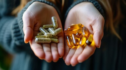 Woman browsing through a selection of food supplements and vitamins in a health store, carefully examining the labels and ingredients to make informed decisions about her health and wellness.