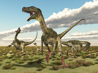 Fototapeta premium Dinosaurier Ornitholestes in einer Landschaft