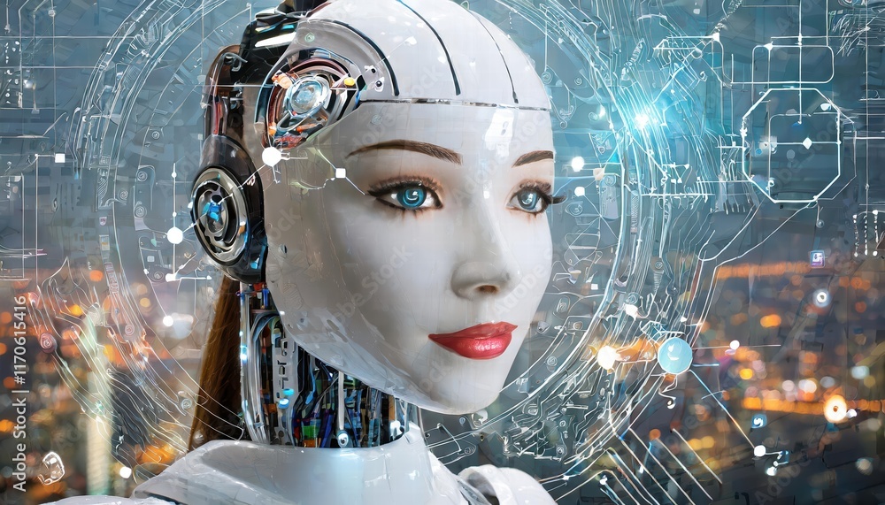 Poster futuristic female robot face a stunning representation of artificial intelligence and advanced robot