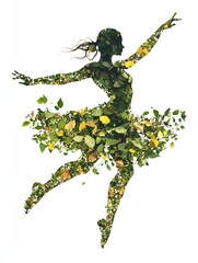 Fototapeta premium Dancer Silhouette Made of Leaves Portrays Movement and Nature in a Whimsical Artistic Display