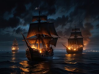 Obraz premium Dramatic maritime scene of tall ships engaged in a fierce battle on the high seas, with fiery explosions and turbulent ocean waves