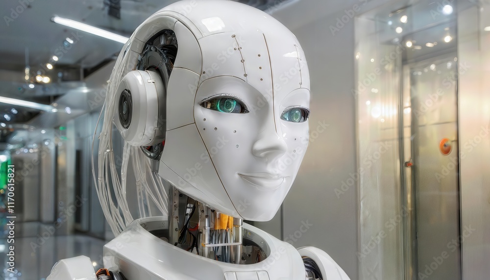 Poster futuristic female robot face exploring the intersection of artificial intelligence and human emotion