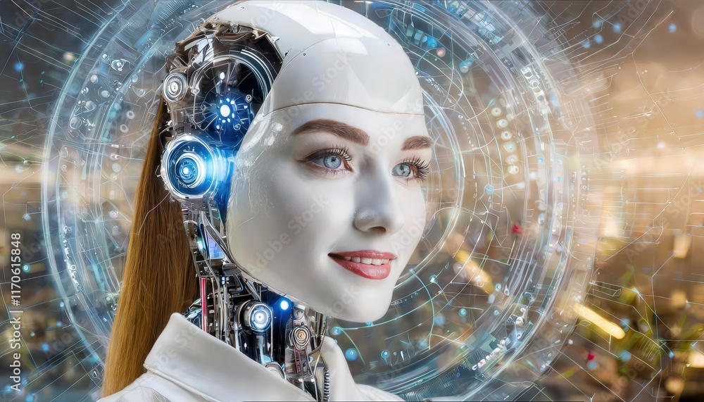 Poster futuristic female robot face a stunning representation of artificial intelligence, merging technolog