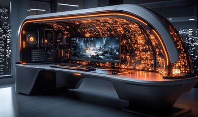 Fototapeta premium Futuristic gaming desk, illuminated circuits, city view.