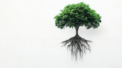 Fototapeta premium 14.A surreal and striking image of a green tree floating in mid-air, with lush, intricate roots hanging down towards the bottom of the image. The roots are thick and vibrant, set against a stark