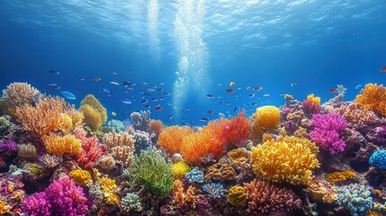 Vibrant coral reef teeming with colorful fish in a shallow ocean depth. Sunlight penetrates the water, illuminating the diverse coral formations.