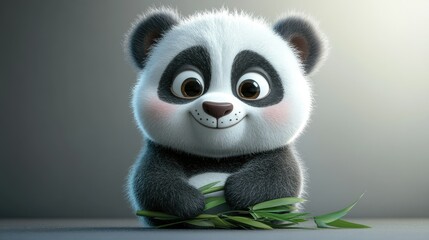 Naklejka premium Adorable cartoon panda cub holding bamboo.