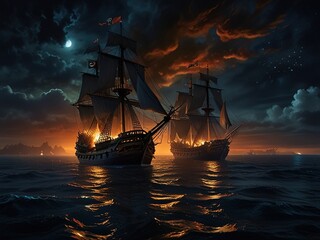 Obraz premium Dramatic maritime scene of tall ships engaged in a fierce battle on the high seas, with fiery explosions and turbulent ocean waves