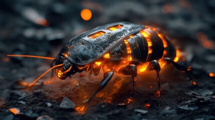 Metallic firebug creature on dark ground.
