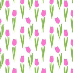 Obraz premium Tulipes pink pattern, flowers with leaves, on white background. Design for romantic, lovers and Valentines day, wedding.