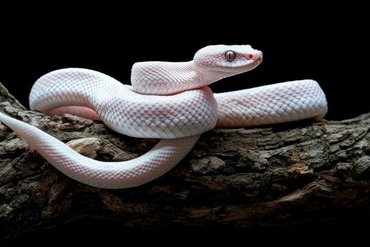 Albino mangrove pit viper on a tree branch