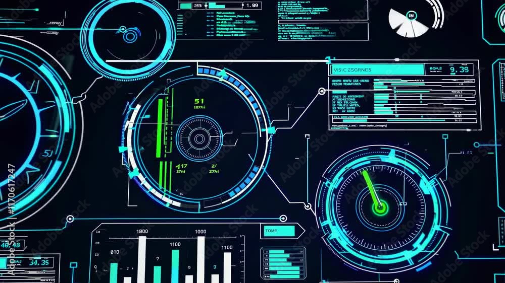 Poster high-tech interface display showcasing data visualization in a modern control room environment