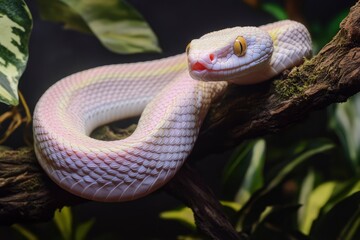 Albino mangrove pit viper on a tree branch