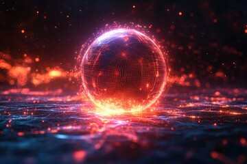 Obraz premium Glowing red sphere, network data, dark background.