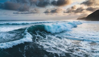 Captivating Foamy Waves Rolling Up on the Ocean Shoreline, Showcasing the Beauty and Power of Natures Rhythmic Dance in a Serene Coastal Landscape