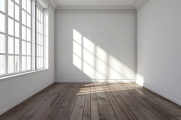 A white room with a brown wooden floor, white walls, and a window on the left side.