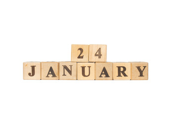 Wooden block calendar January 24 on white background. Assassination of Caligula, California Gold...