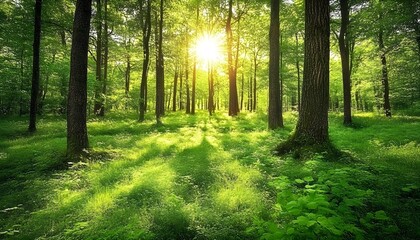 Obraz premium Sunlit Forest Path: Lush Green Trees and Grass