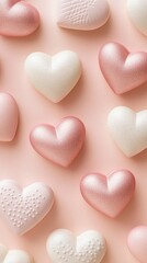 Obraz premium Pink and white heart-shaped candies arranged on a pink background.