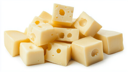 Emmental cheese cubes with holes on white background. Cheese Lovers Day.