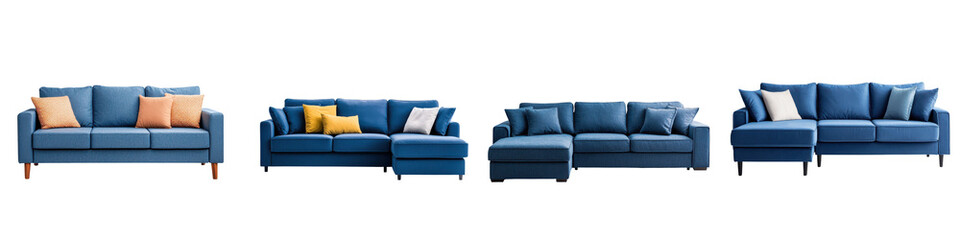 Fototapeta premium Stylish blue sofa with decorative pillows in a bright and airy modern living room interior with minimalist home decor